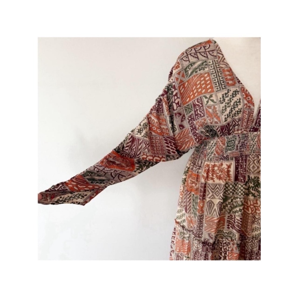 Julie Brown Maxi Dress Womens M Geometric Boho Smocked Metallic Plunge Festival - Picture 3 of 7